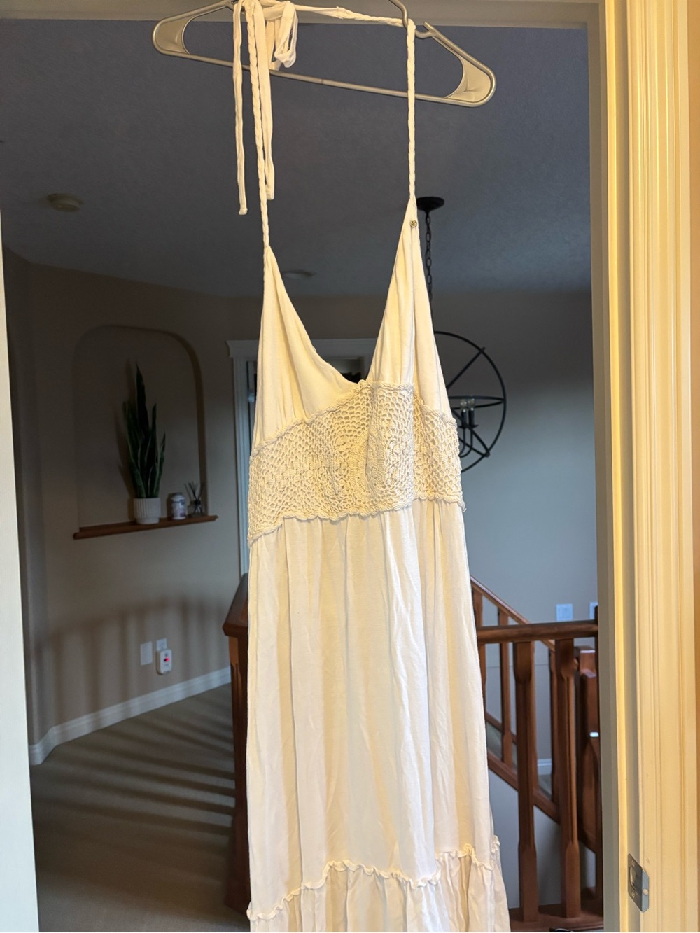 Guess White Crochet-Detail Halter Maxi Dress